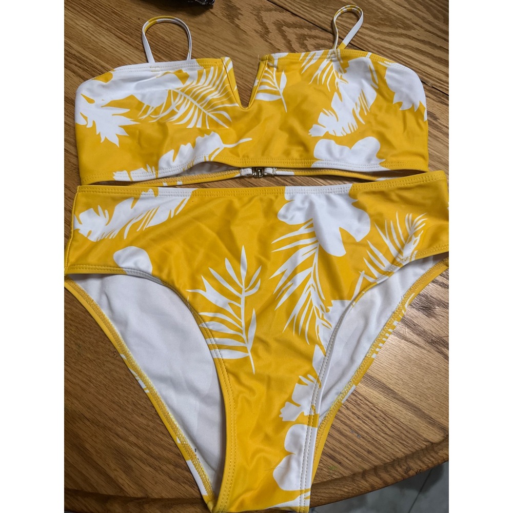 Beachsissi Yellow Tropical Leaf High Waisted Bikini Set  Large